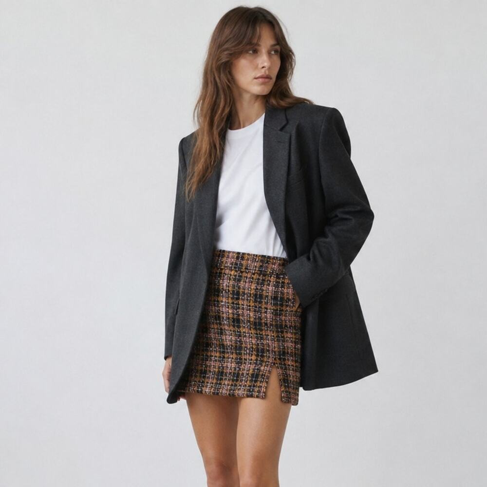 Greylin Skirt Womens XS Mini Black/Orange Tweed Plaid Pencil Straight NWT